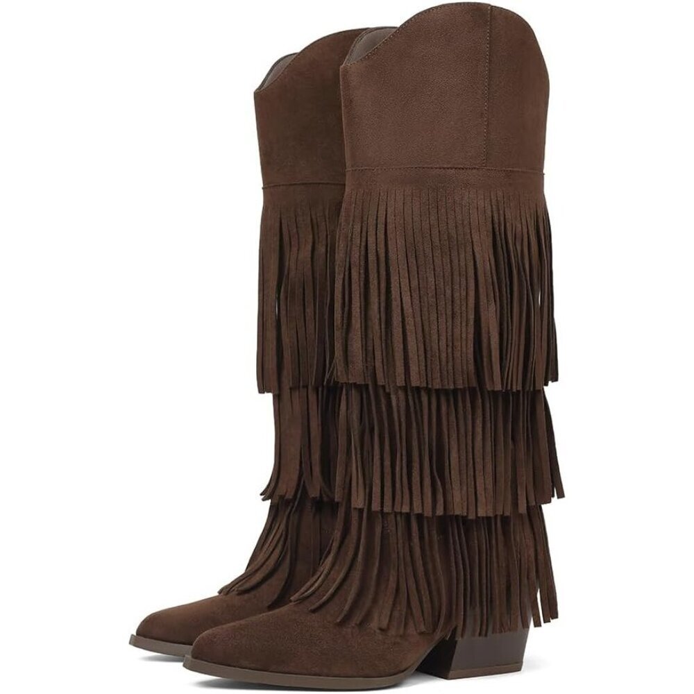 Women's Brown Retro Pointed Toe Knee High Pull On Block Chunky Heel Fringe Boots